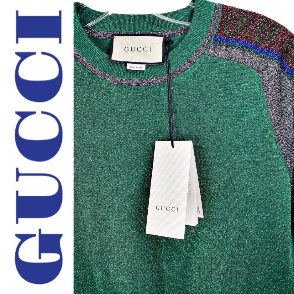 NWT GUCCI Metallic Green Short Sleeve Crew Neck Mini T-Shirt Dress, Size Small - Picture 13 of 13